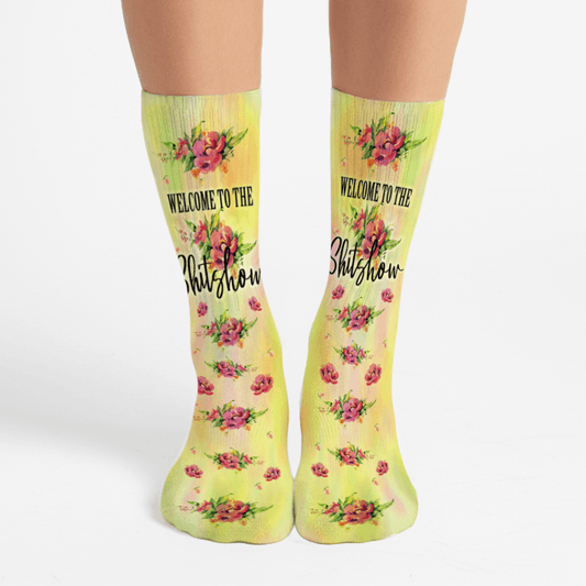 Pretty yellow and floral print with the words Welcome to the shitshow-great gag gift