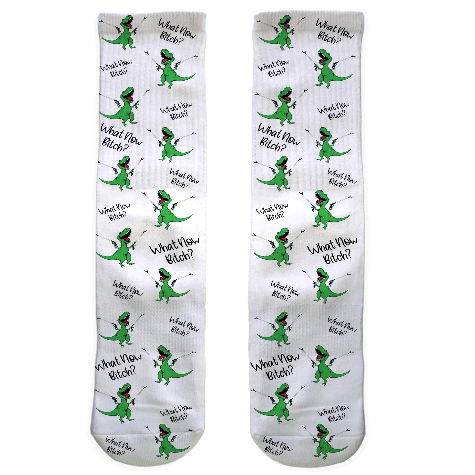 Pair of socks with green dinosaur illustrations and text on a white background