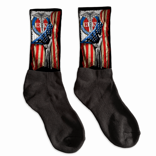 Thin White Line crew socks with distressed American flag, Honor & Respect nurse RN design.