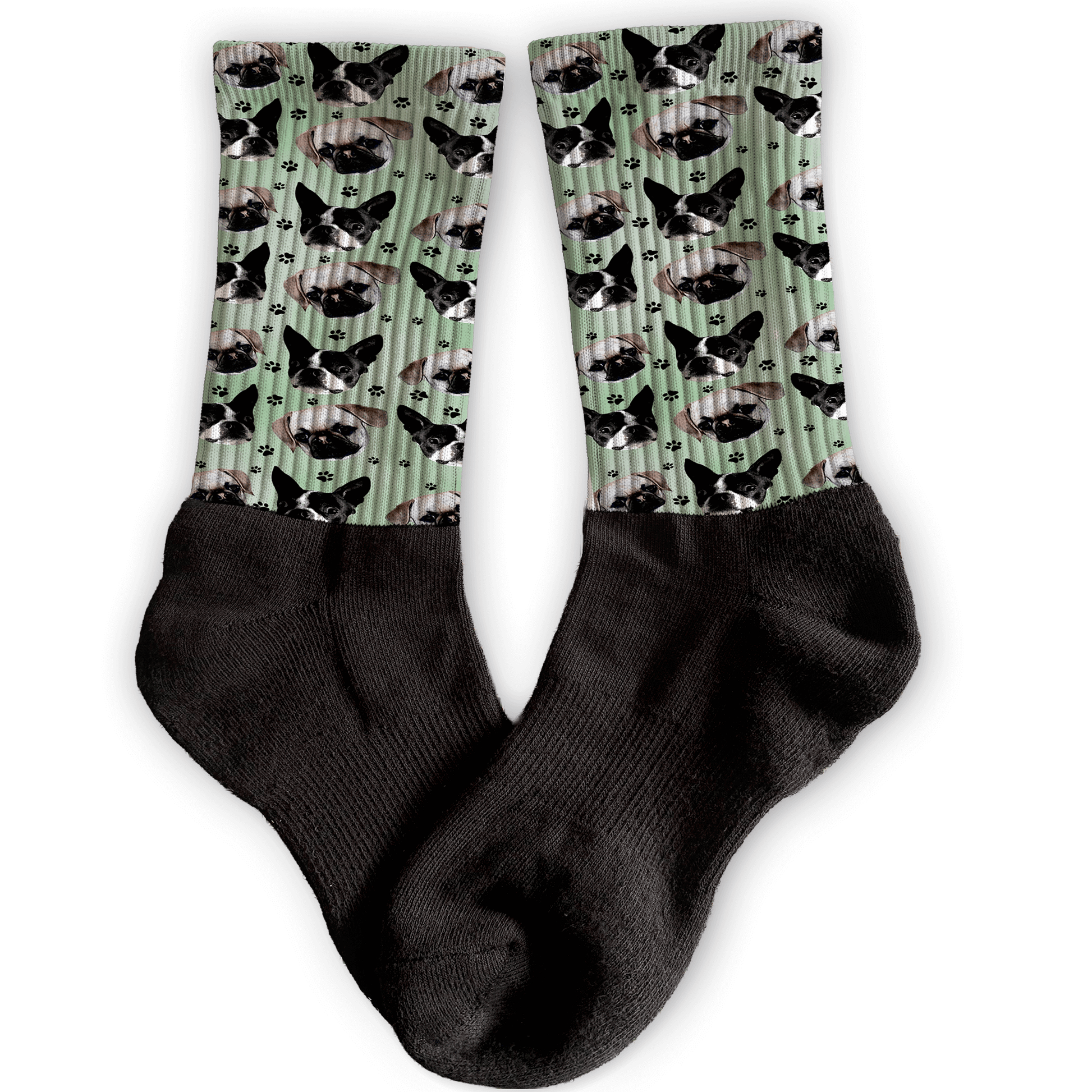 Black socks with a pattern of dogs on a green background