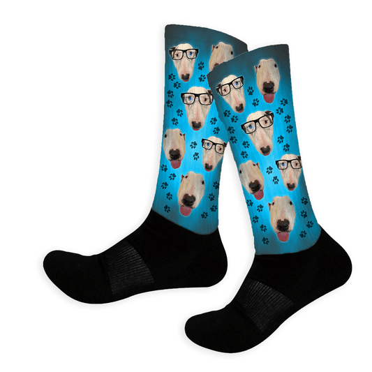Custom knee high socks with multiple pet faces, names, and paw prints. Up to 3 pets. Unique gift for animal lovers.