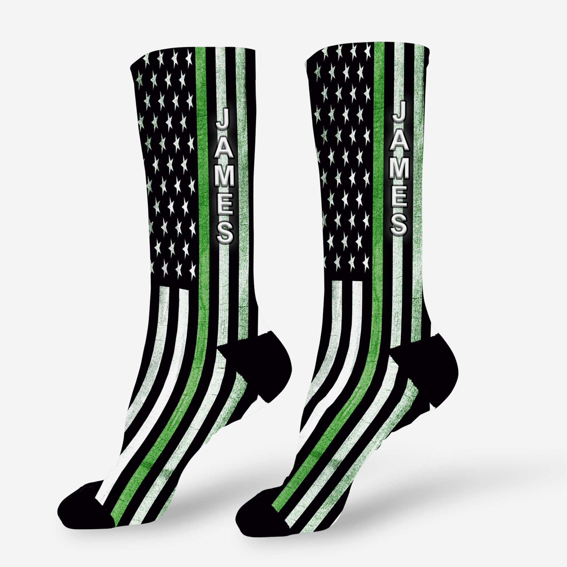 Socks with American flag design and personalized branding on a white background