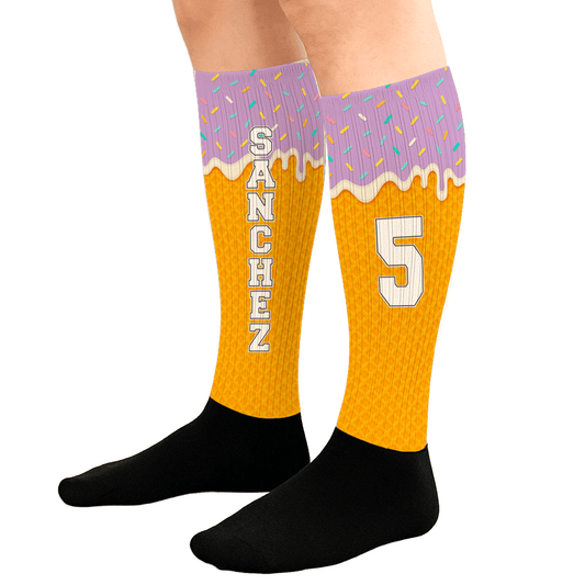 Personalized ice cream drip knee high socks with sprinkles, waffle cone pattern, name, and player number.