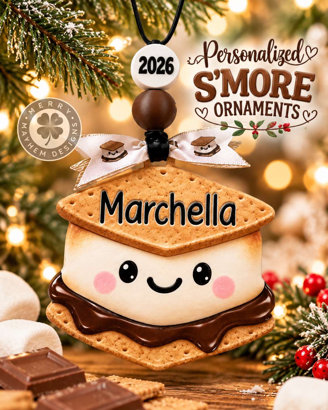 Personalized S’mores Christmas ornament with custom name, year bead and S’mores ribbon by Merry Mayhem Designs