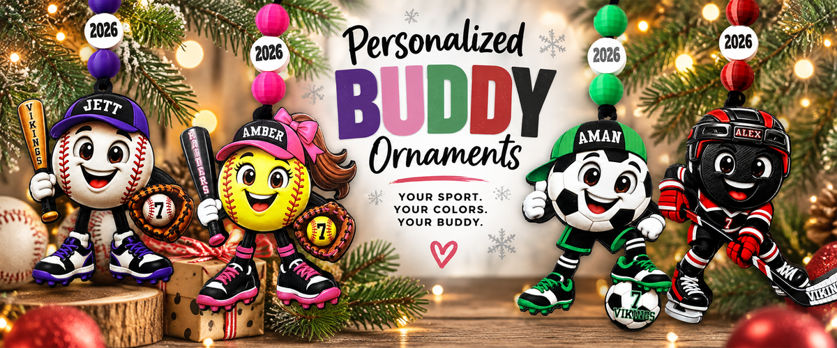 Personalized sports Christmas ornaments for baseball, softball, soccer and hockey players with custom names, numbers and team colors
