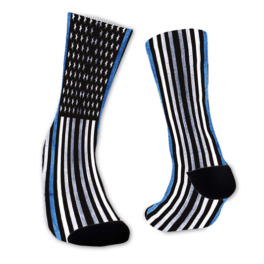 Custom blue line flag crew socks with black, white, and blue stripes. Great for police or firefighter wedding parties and everyday first responder gifts.