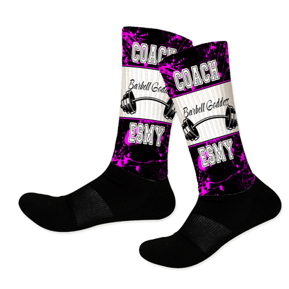 Custom crew socks featuring business logos, shop names, or team designs for branding and promotional gifts.
