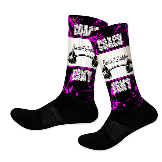 Custom crew socks featuring business logos, shop names, or team designs for branding and promotional gifts.