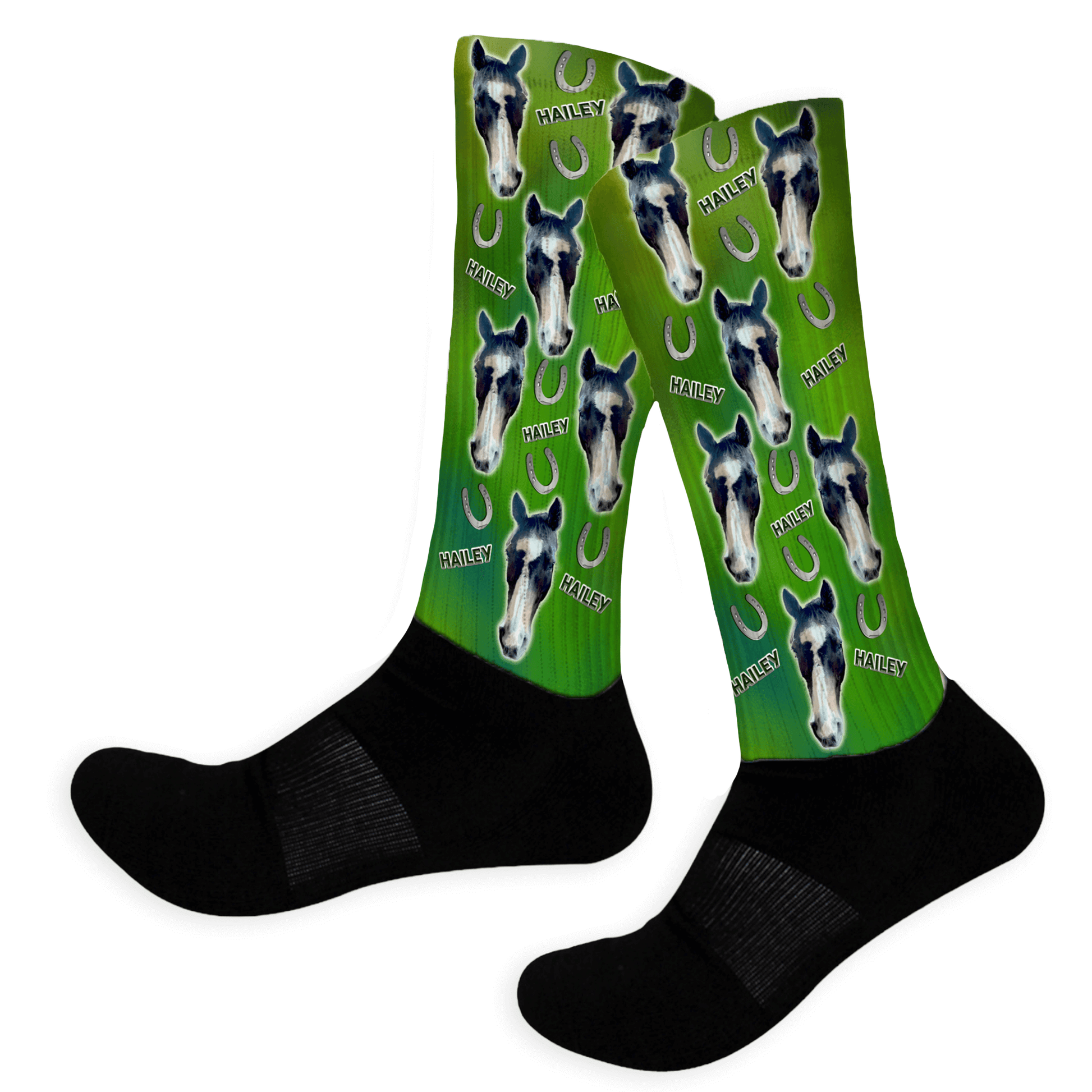 Colored socks with custom horse selfie printed on them