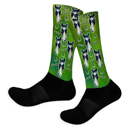 Colored socks with custom horse selfie printed on them