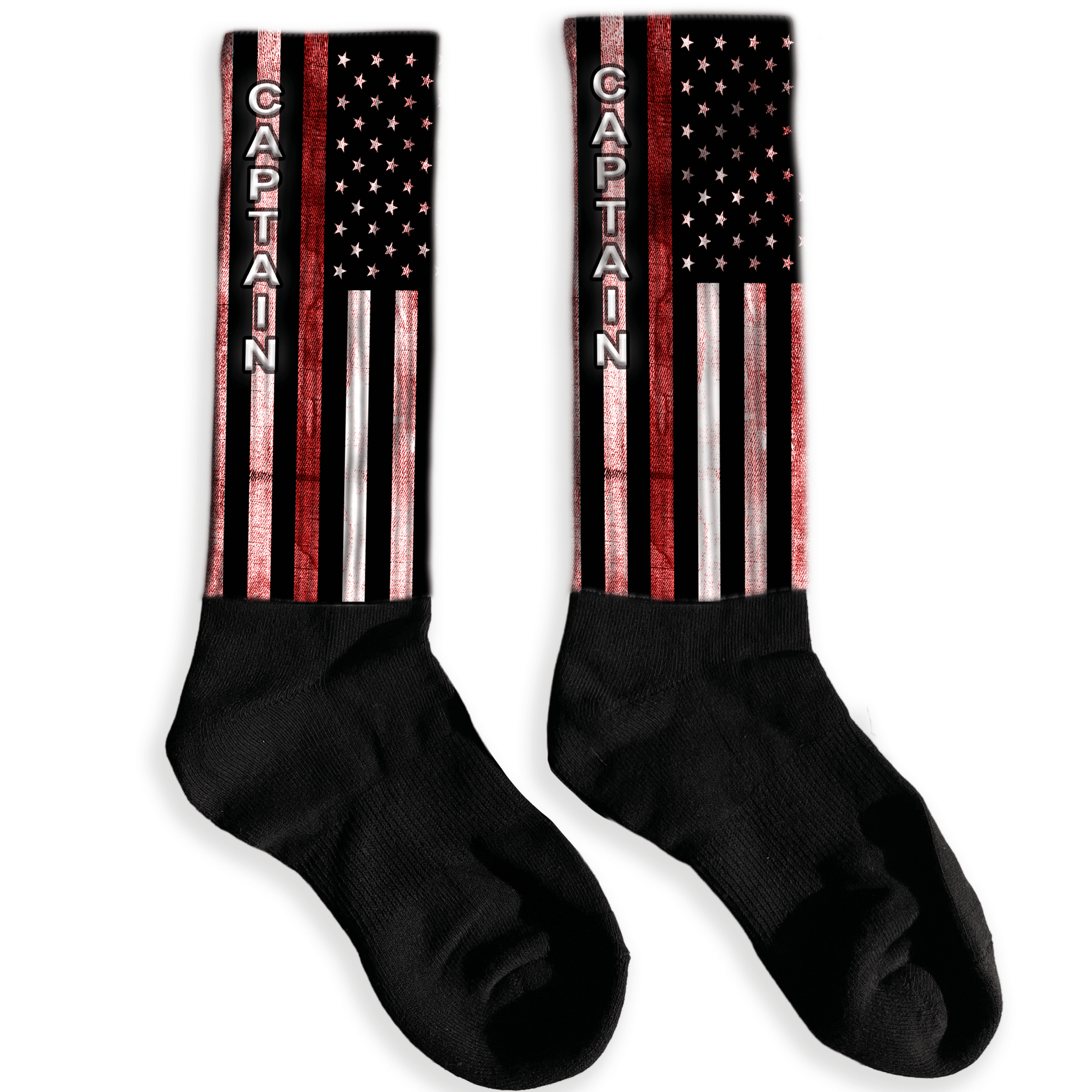 Personalized firefighter knee high socks with red line flag and custom name.