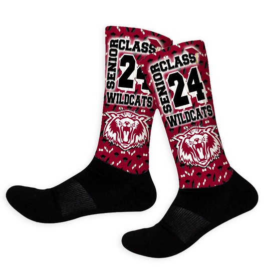 Custom graduation socks with school mascot, year, and colors. Personalized senior gift.
