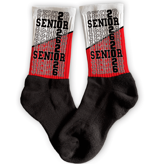Custom senior crew socks with graduation year and school colors. Personalized class of socks.