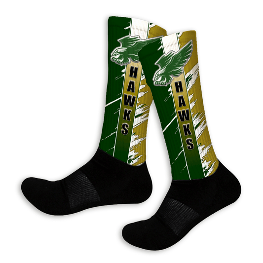 Shredder Custom Socks in swirl design with team colors, mascot, name, and number. Crew or knee high. Matches arm sleeves and skull wraps.