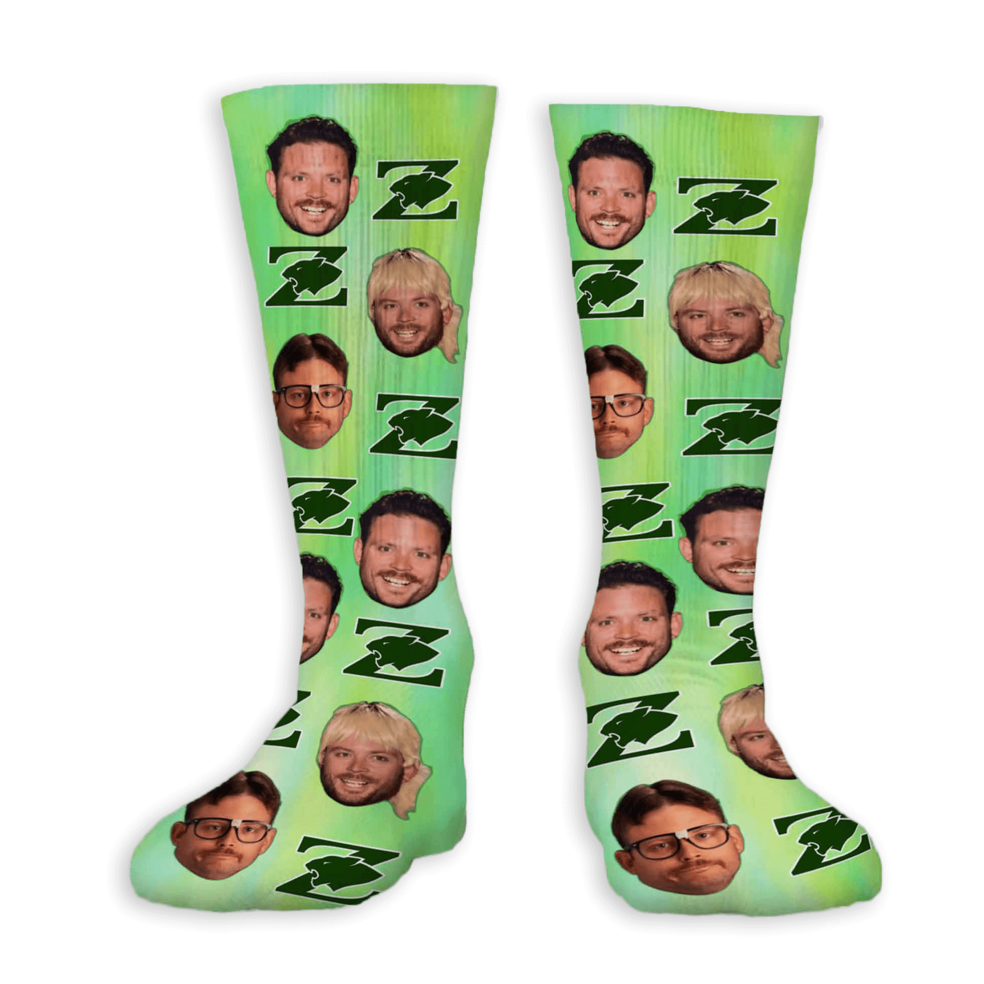 Custom socks with photo and logo or message. Personalized for people, pets, or teams.