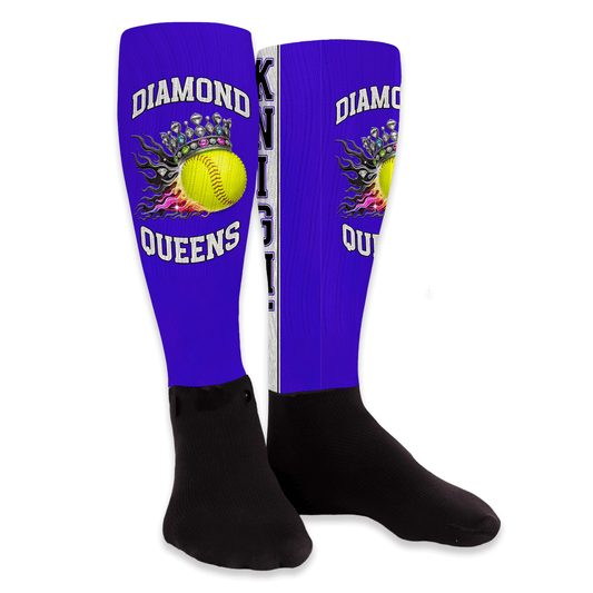 Royal blue knee-high socks with team logo on front and player number on back; signature personalized design.