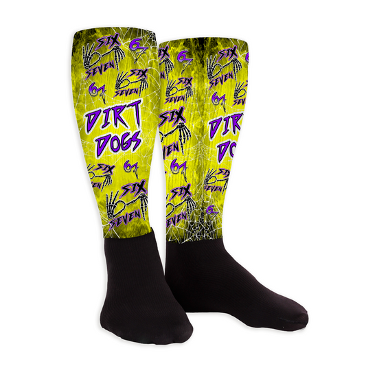Six Seven skeleton hand socks with spider-web graphics and team name text, customizable background color, trending teen style.