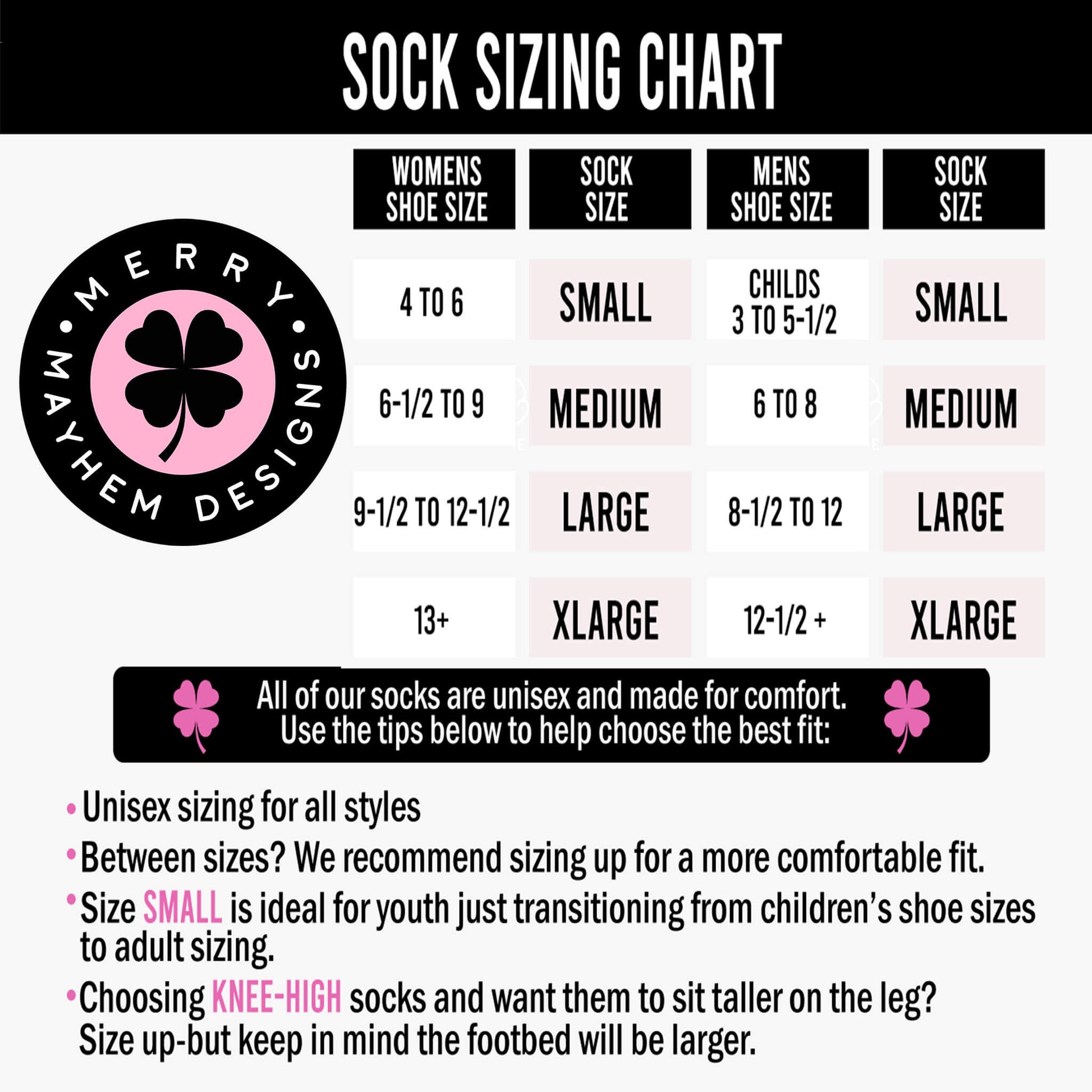 Sock sizing chart for Merry Mayhem Designs with size correspondences between women's, men's, and children's shoe sizes.