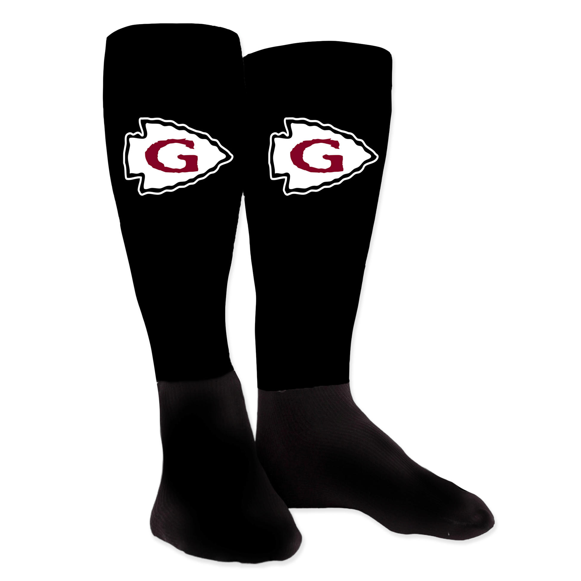 Black knee-high socks with team logo on front and player number on back; signature personalized design.
