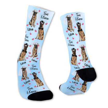 Wedding dress socks with dog photos, names, wedding date, and paw prints. Personalized gift for bride, groom, or wedding party.