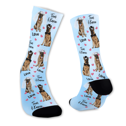 Wedding dress socks with dog photos, names, wedding date, and paw prints. Personalized gift for bride, groom, or wedding party.