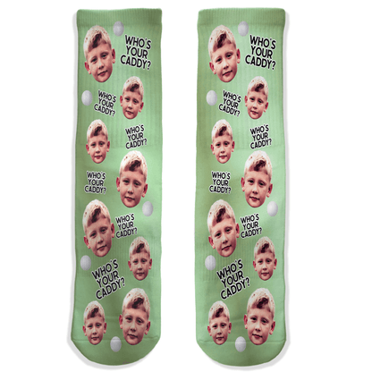 Custom golf crew socks with “Who’s Your Caddy?” text, golf ball art, and your face. Personalized socks for golfers, dads, and golf fans.