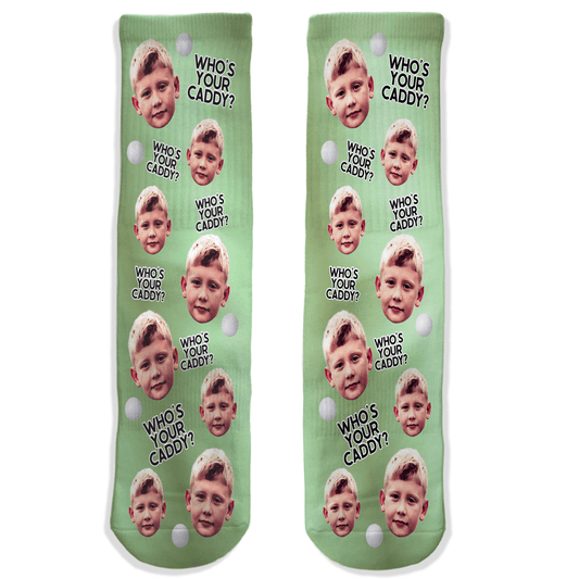 Custom golf crew socks with “Who’s Your Caddy?” text, golf ball art, and your face. Personalized socks for golfers, dads, and golf fans.