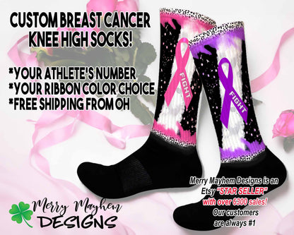 Personalized Cancer Ribbon Knee High Socks for Baseball, Softball, Athletes, Custom Breast Cancer Knee High Socks, Team Discounts