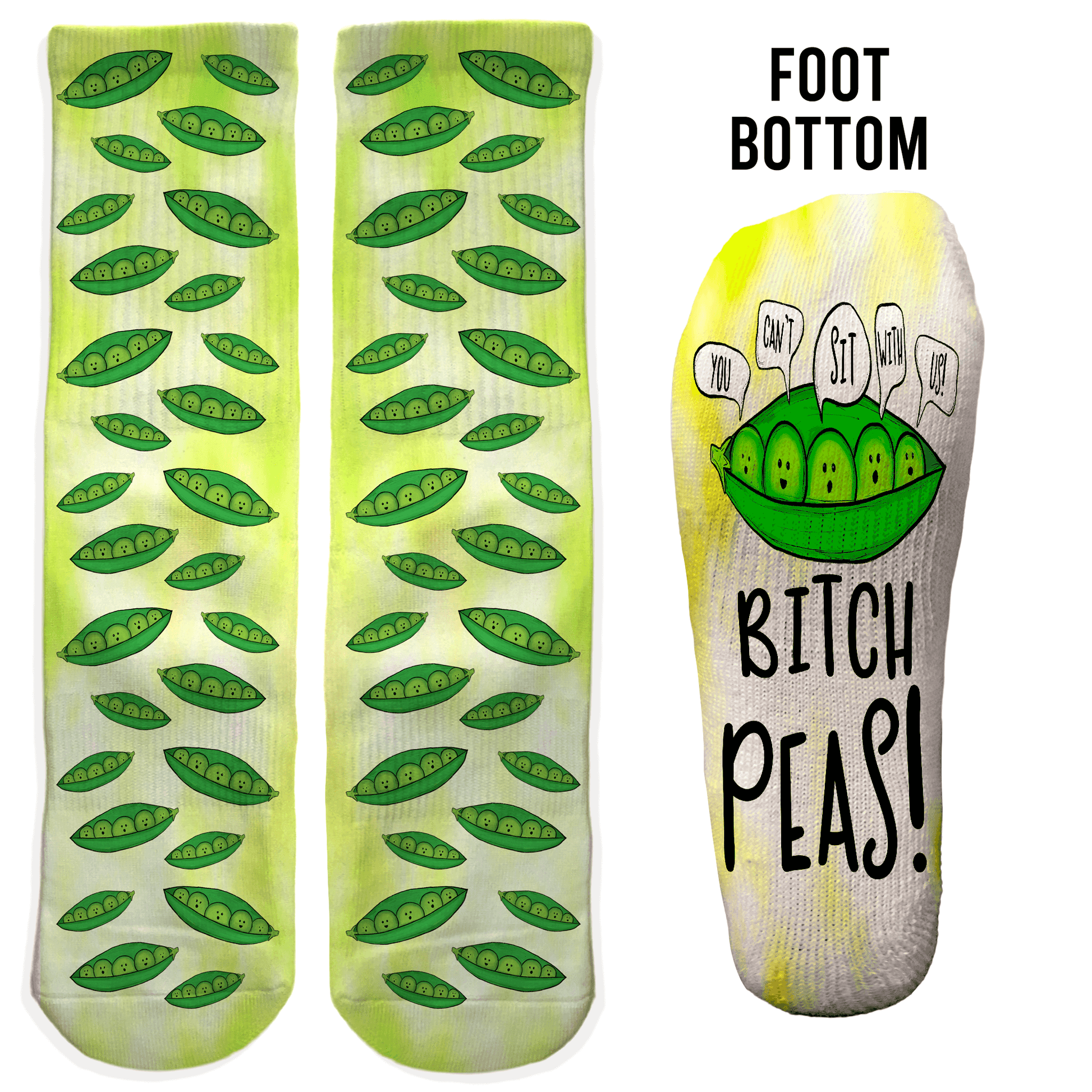 Green pea pod crew socks with “Bitch Peas!” on the foot. Funny pun gift for friends or quirky food lovers.