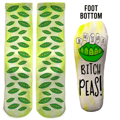 Green pea pod crew socks with “Bitch Peas!” on the foot. Funny pun gift for friends or quirky food lovers.