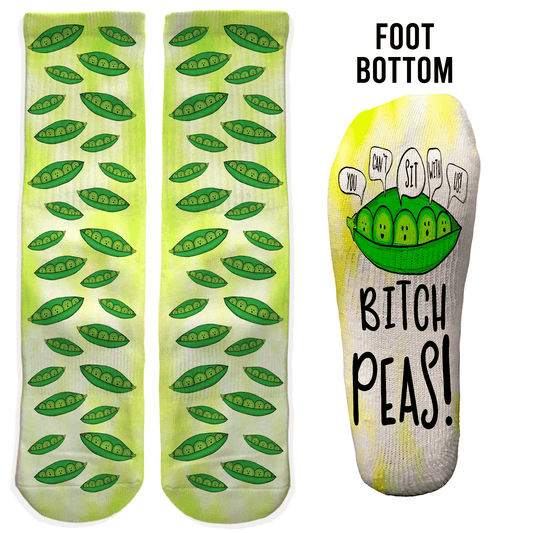 Green pea pod crew socks with “Bitch Peas!” on the foot. Funny pun gift for friends or quirky food lovers.