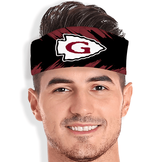 Custom brushed skull wrap with team letter in arrowhead logo. Black and maroon game day headband for athletes.
