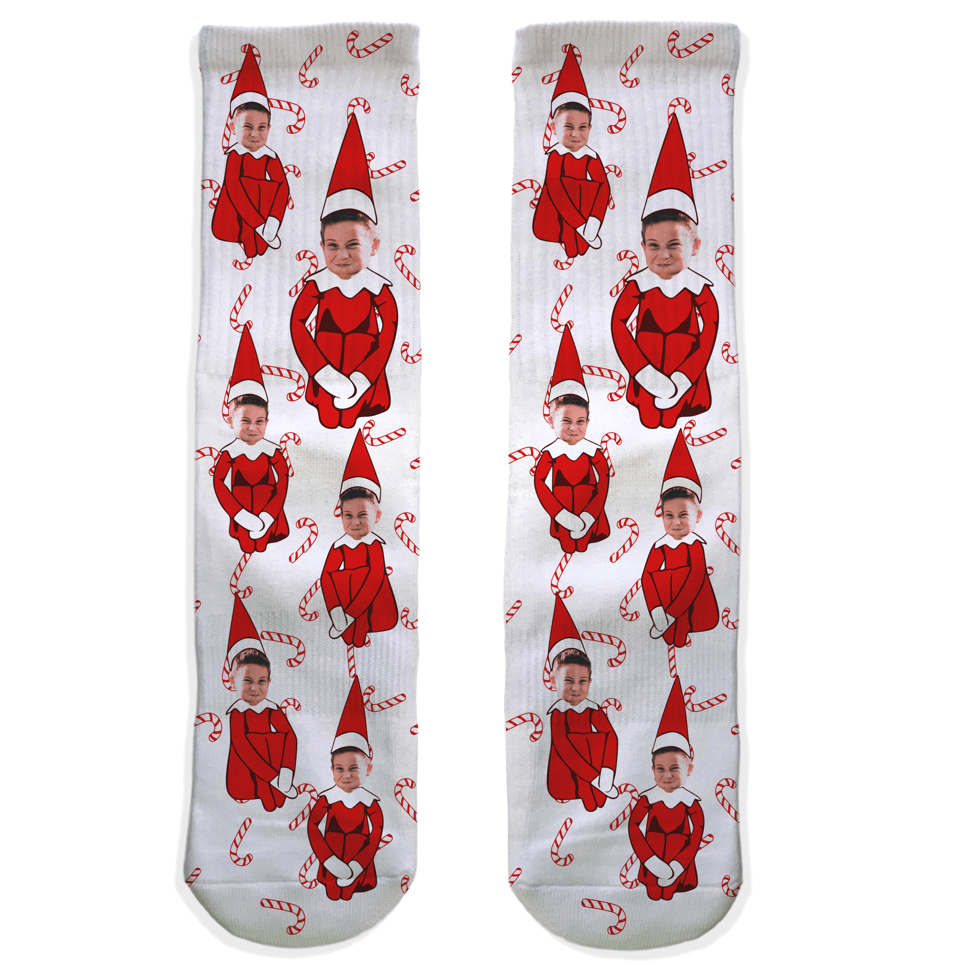 White crew socks with candy canes and elf bodies, personalized with your custom face photo. Fun Christmas gift for friends and family.