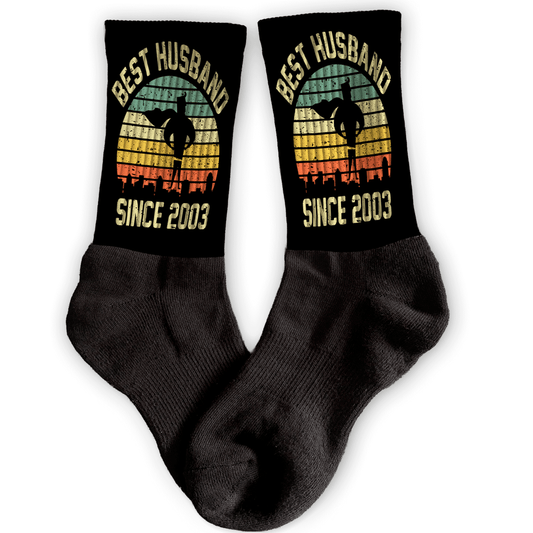 Custom husband socks with hero graphic and year. Anniversary gift for men