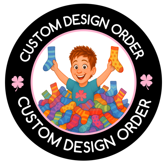 Circular logo with a woman surrounded by colorful socks and text about custom design orders.