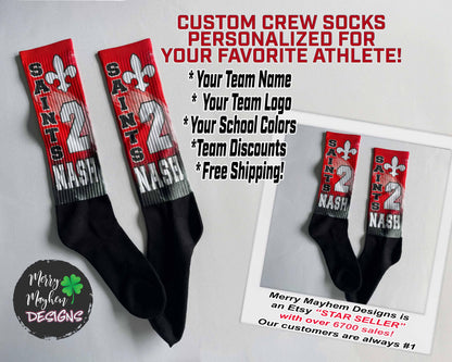 Custom red and black crew socks with team mascot/logo, player number, and personalized team name.