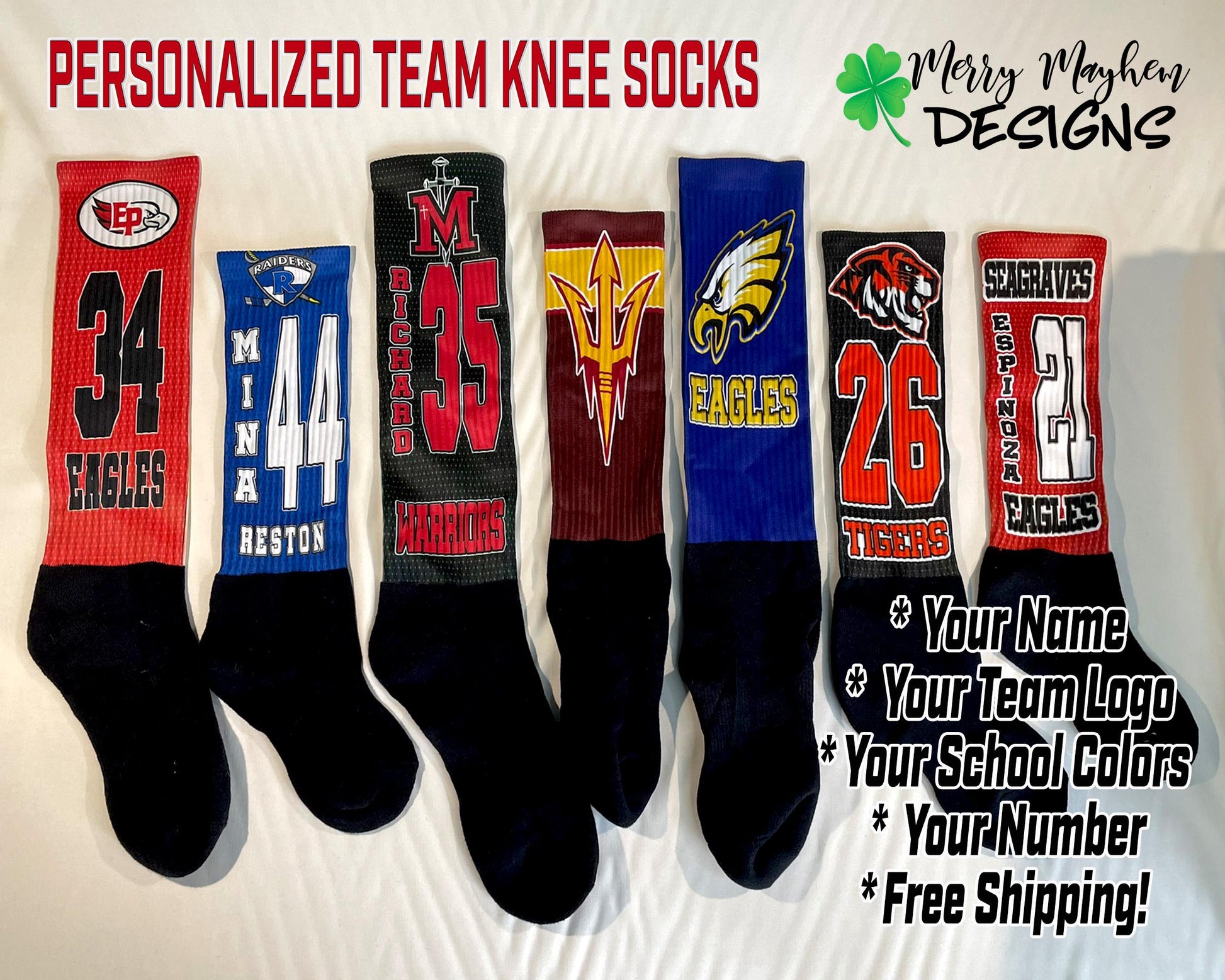Personalized Football Knee High Socks, Customized Socks with Mascot, Custom Team Logo Knee High Socks, End of Year Gift, Gift for Teen Boy