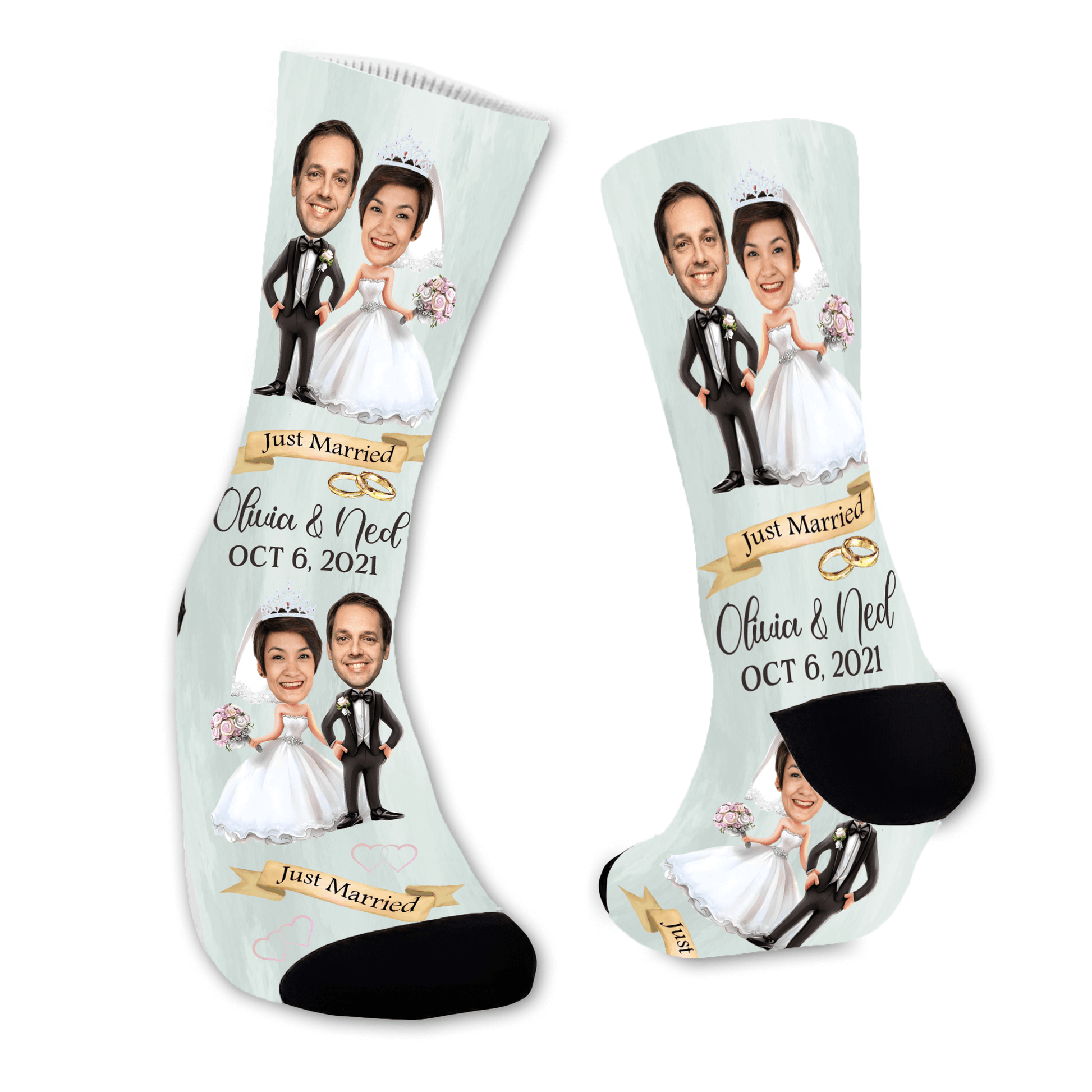 Personalized socks with caricatures of a bride and groom and wedding details.