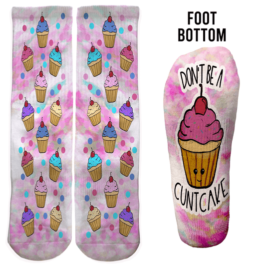 Funny cupcake crew socks with “Don’t Be a Cuntcake” message. NSFW gift for Secret Santa or adult gag exchanges.