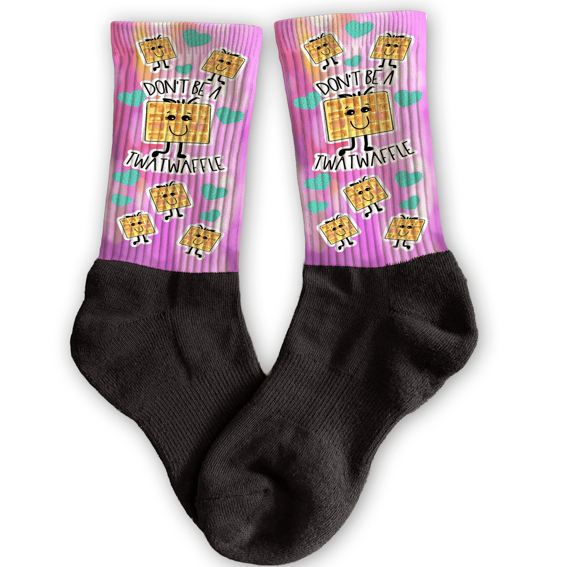 Funny crew socks with “Don’t Be a Twatwaffle” waffle design, pink background, unique rude adult stocking stuffer.