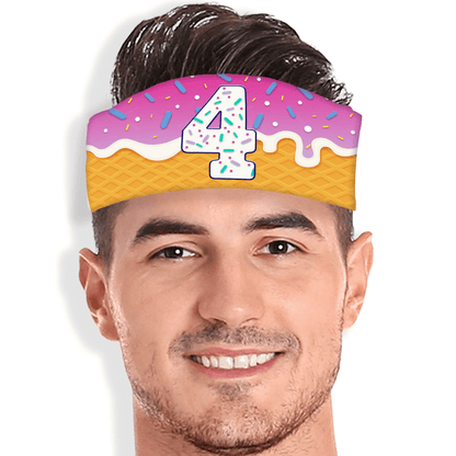 Ice cream skull wrap with sprinkles, waffle cone base, and custom number four. Drip-themed headband for youth athletes and fans