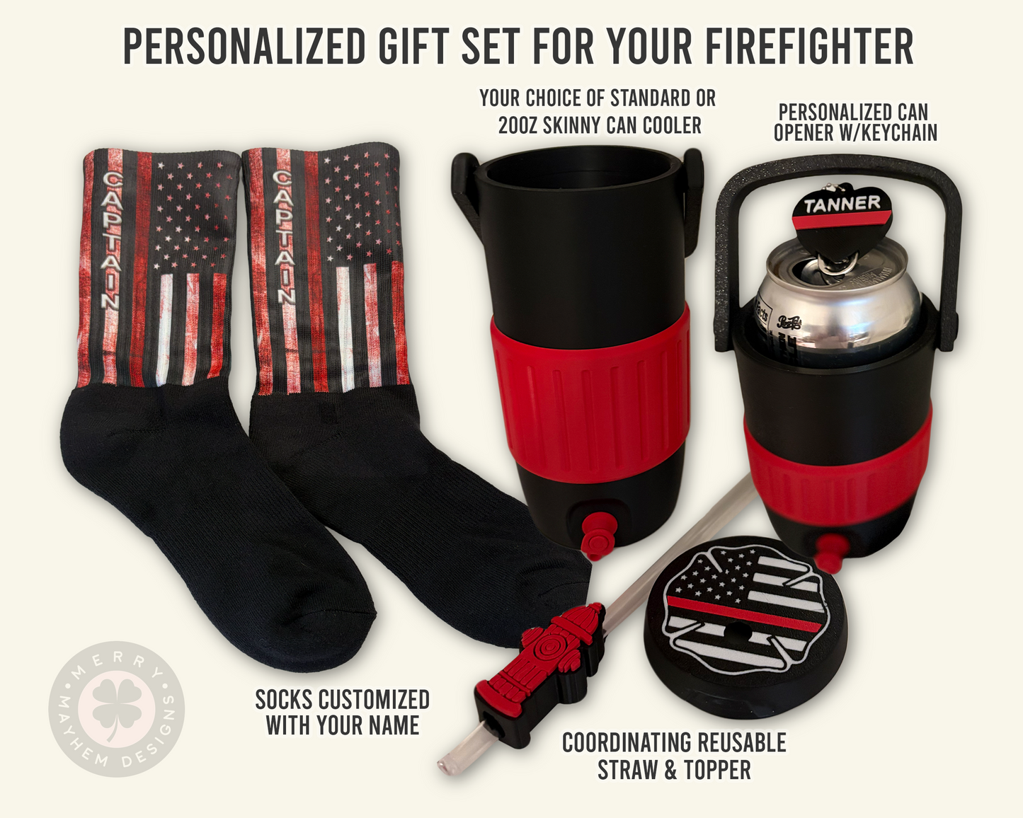 Firefighter Gift Set, Firefighter Gifts Personalized, Custom Socks for Men, Can Cooler with Lid,
