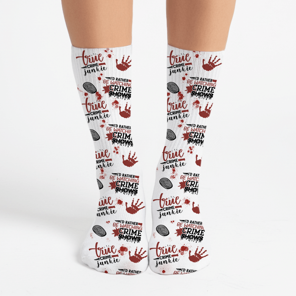 White socks with red and black text and hand print design on a white background