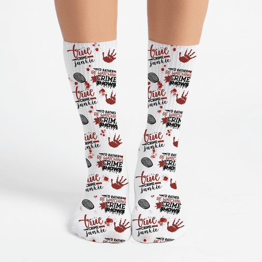 White socks with red and black text and hand print design on a white background