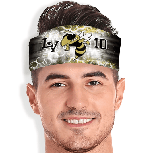 Honeycomb skull wrap with yellow jacket mascot, team initials, and jersey number. Custom headband for sports and spirit wear