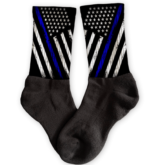 Grunge flag crew socks with customizable thin line stripe. Personalized support socks for police, fire, dispatch, and military.
