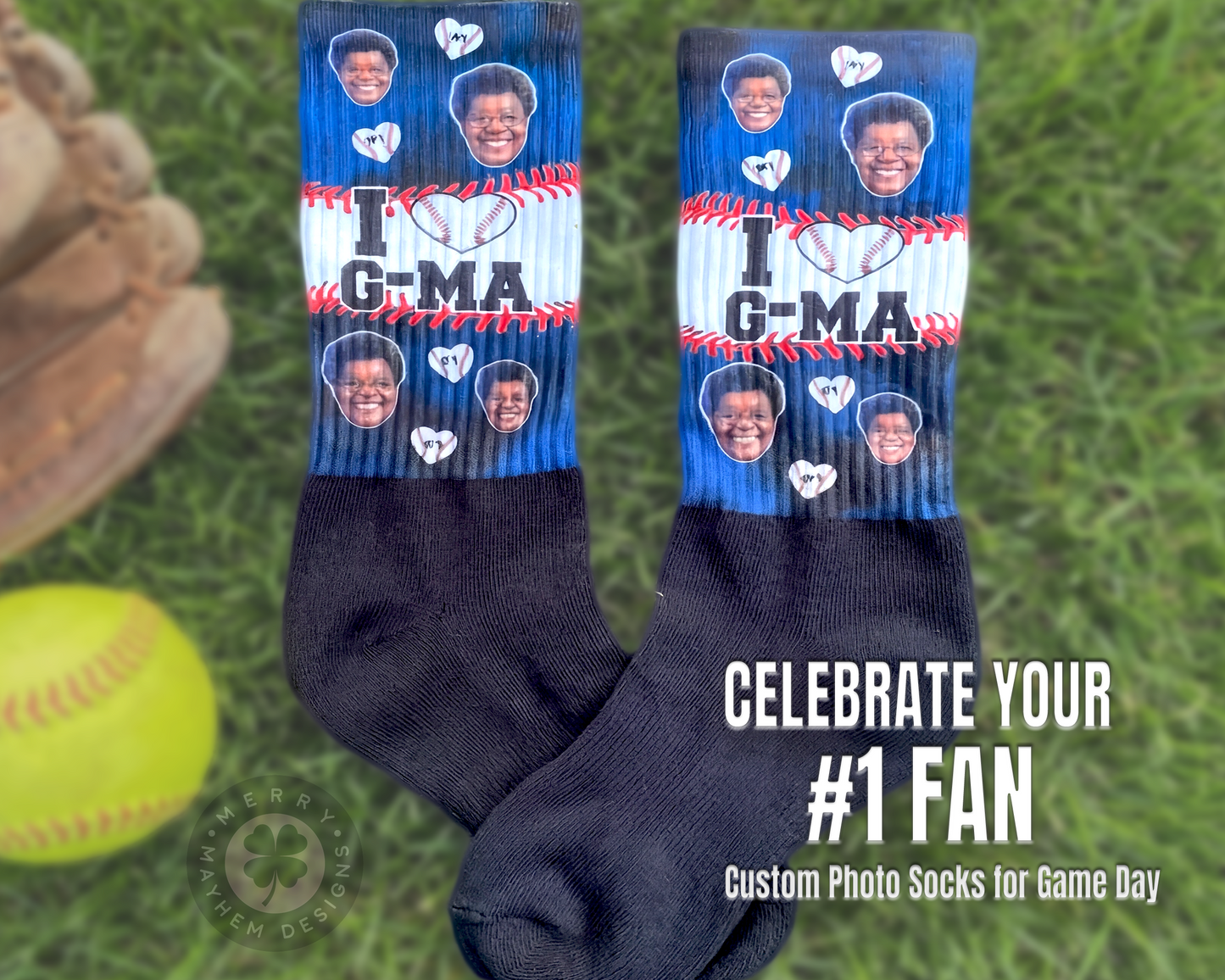 I Love Mom Game Day Socks – Custom Photo Knee High Socks for Teams, Mother’s Day Baseball Softball Gift