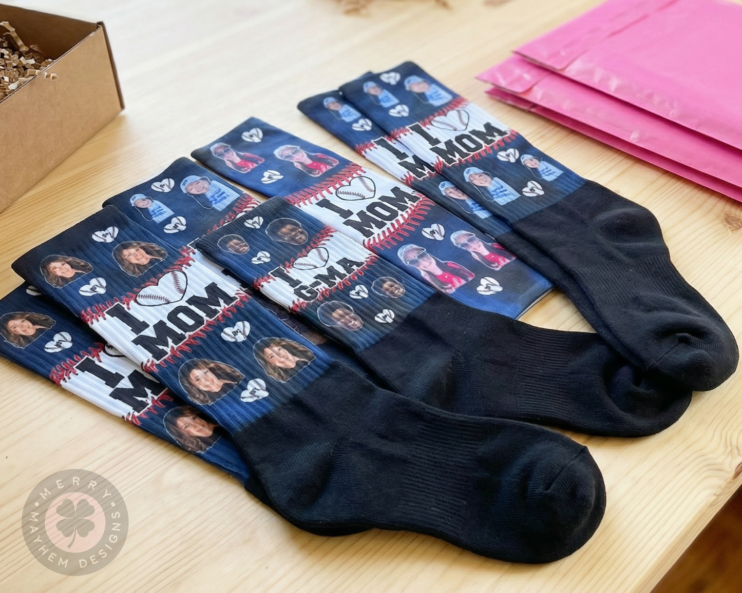 I Love Mom Game Day Socks – Custom Photo Knee High Socks for Teams, Mother’s Day Baseball Softball Gift