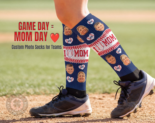 I Love Mom Game Day Socks – Custom Photo Knee High Socks for Teams, Mother’s Day Baseball Softball Gift