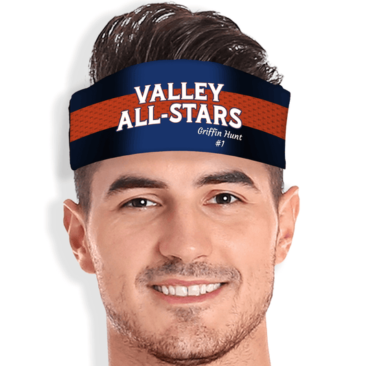 Jersey style skull wrap with Valley All-Stars text, player name, and number. Custom headband in your choice of colors